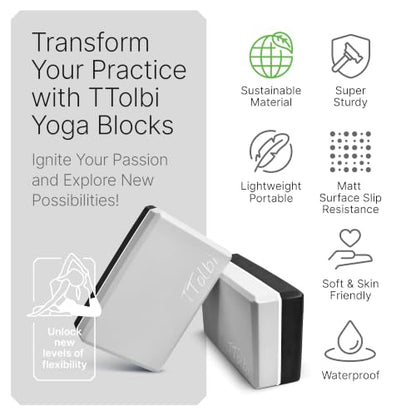 Yoga Blocks 2 Pack with Strap and Guide – Soft Non-Slip EVA Foam Blocks - color: Gray/Black - Stretch Band Gray