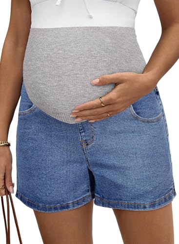 BLENCOT Maternity Jeans Over The Belly Pregnancy Clothes with Pockets - color: Beau Blue, size: Large