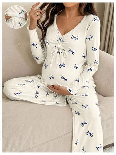 WDIRARA Women's 2 Piece Maternity Lounge Sets Bow Print Long Sleeve Sleepwear Pants Pajama Sets
