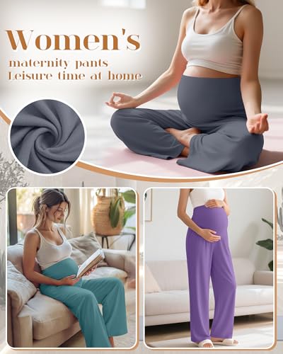 3 Pack Women's Maternity Lounge Pants with Pockets - color: Gray, Purple, Turquoise, size: Small