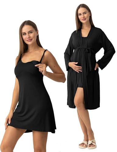SUNNYBUY Nursing Nightgown & Maternity Robe Set for Postpartum Sleepwear - color: Black, size: Medium