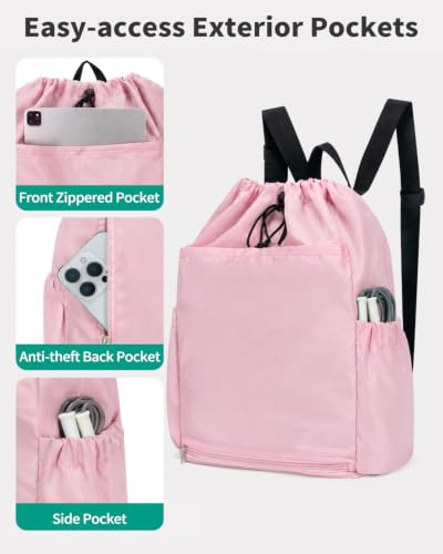 Drawstring Backpack with Shoe & Wet Compartments, Cup & Ball Holders, Pink - color: Pink