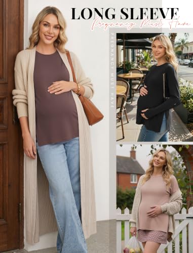 3 Pack Women Maternity Shirts Long Sleeve Pregnancy Tops with Thumb Hole - color: Black/Brown/Khaki, size: Medium
