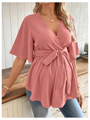 MakeMeChic Women's Maternity Nursing Blouse Wrap Belted Pregnancy Shirt - color: Dusty Pink, size: Medium