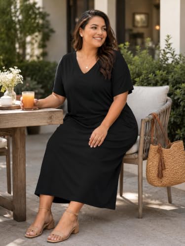 SUZONANA Women's Plus Size Maxi Dress V Neck Short Sleeve with Pockets - color: 1black, size: 4X-Large
