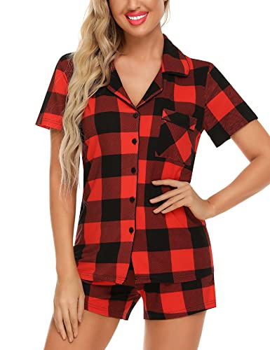 Samring Womens Pajamas Set Short Sleeve Button Down Sleepwear 2 Piece Pjs - color: Red and Black Plaid, size: X-Large