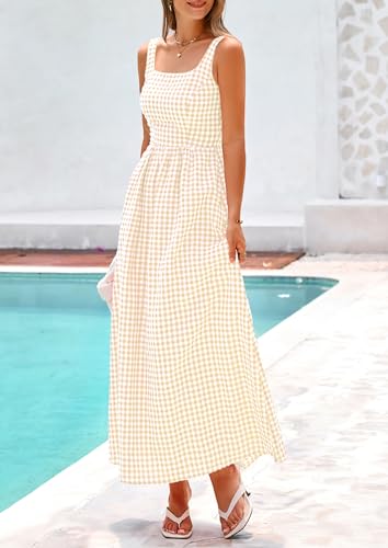 PRETTYGARDEN Women's Summer Gingham Maxi Long Dress - color: Beige, size: X-Large