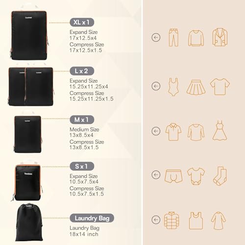 6 Set Large Compression Packing Cubes for travel. - color: Black