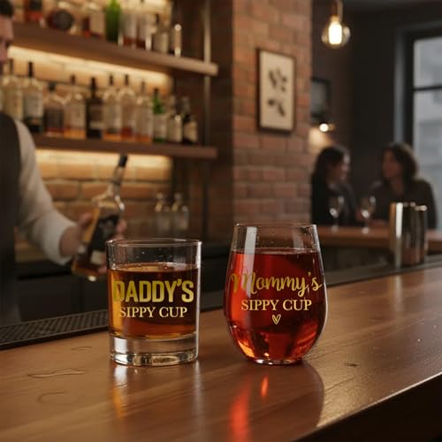 Daddy's Sippy Cup Whiskey Glass & Mommy's Sippy Cup Wine Glass - color: Golden