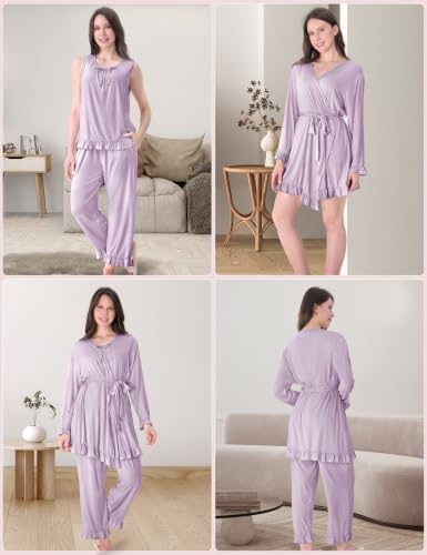 SUNNYBUY 3 PCS Ruffle Maternity Nursing Pajamas Set & Robe for Postpartum - color: Lavender, size: Small