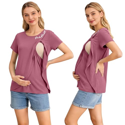 Nursing Breastfeeding Shirt for Women Friendly Double Layer Postpartum Tops - color: Red, size: Large