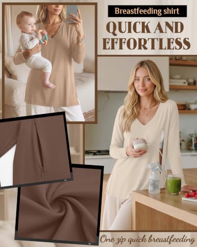 3 Pack Women's Nursing Breastfeeding Long Sleeve Shirts - color: Cream, Khaki, Light Brown, size: Medium