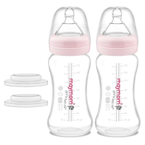 Maymom Wide-Mouth Milk Collection Storage and Feeding Bottle with Nipple, Pink Screw Ring, Dome Cap, Bottle Top, SureSeal Sealing Disk; Compatible with Spectra Pump/Motif Luna; 2 pc (9Oz/280mL) - size: 1 Count (Pack of 2)