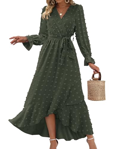 BTFBM Long Sleeve Maxi Dresses for Women Summer - color: Army Green, size: Large