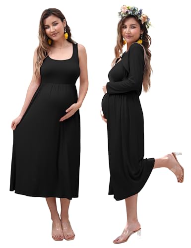 2 PCS Maternity Dress with Cardigan Set, Tank Maxi Pregnancy Dresses - color: Black, size: XX-Large