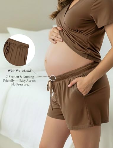 PATPAT 3-Piece Maternity Nursing Pajamas, Womens Lounge Set with Pockets - color: Brown, size: Medium