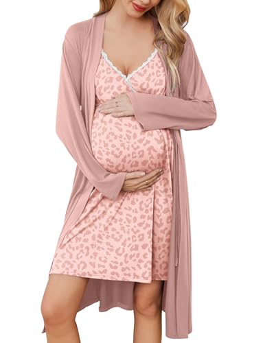 Ekouaer Nursing Nightgown and Maternity Robe Set Labor and Delivery Gown - color: Leopard Pink, size: X-Large