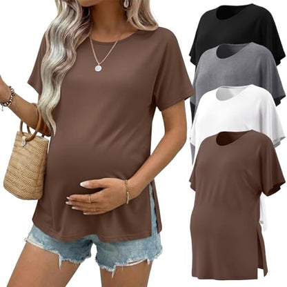 Ekouaer 4 Pack Maternity Shirts Short Sleeve Pregnancy Casual Tunic Tops - color: Black/Brown/Gray/White, size: Medium