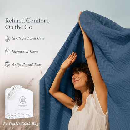 Threadmill Luxury 100% Cotton Queen Herringbone Blanket, Folkstone Blue - color: Folkstone Blue, size: Queen (90" x 92")