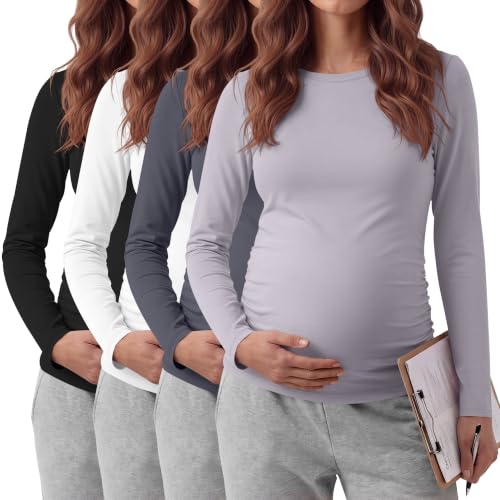 Locoowai 4 Pack Long Sleeve Maternity Underscrub Tops for Nurses - color: Black, White, Dark Gray, Light Gray, size: Medium