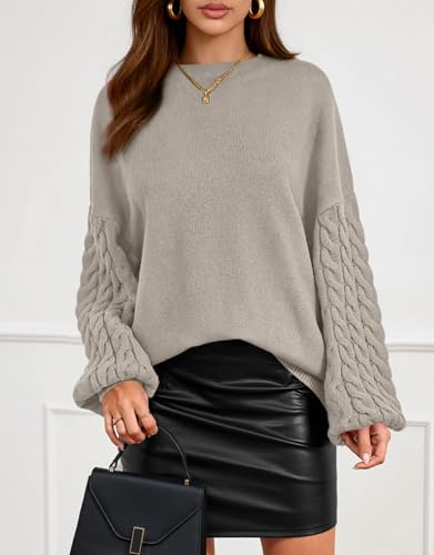 PRETTYGARDEN Womens Fall Sweaters 2025 Cable Knit Long Sleeve Crewneck Casual Chunky Pullover Oversized Sweater Outfits - color: Grey Apricot, size: Medium
