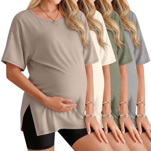 4 Pack Women's Maternity T Shirts - color: Mauve, Beige, Army Green, Light Gray, size: Small
