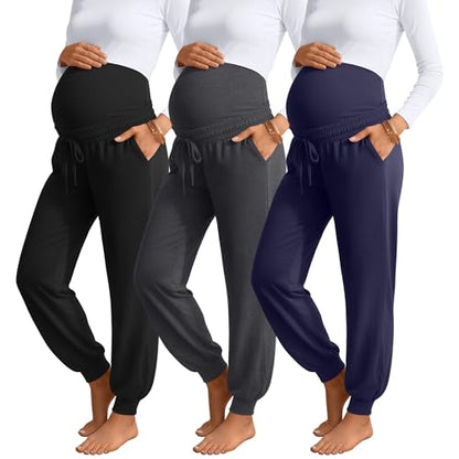 3 Pack Womens Maternity Pants Loose Pregnancy Joggers - color: Navy Blue, Dark Heather Gray, Black, size: Large