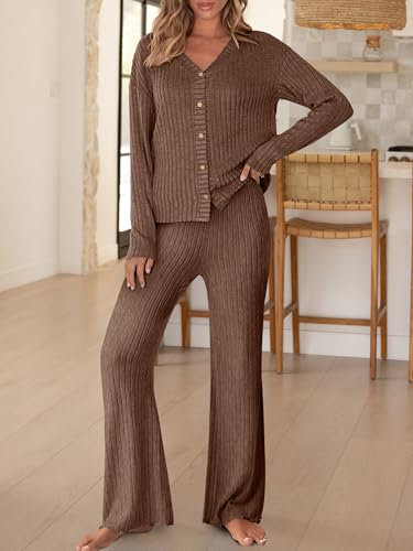 ANRABESS Womens Lounge Set 2 Piece Pajama Sets Ribbed Knit Matching Set - color: Brown, size: Medium