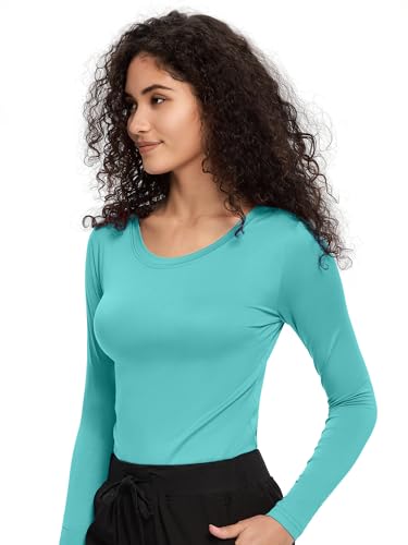 COZYFIT Underscrub Long Sleeve Women, Scrubs Undershirts, Crew Neck - color: Aqua Blue, size: Medium