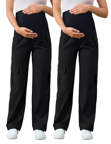 AMPOSH Women's Maternity Cargo Pants with 6 Pockets Quick-Dry Pregnancy Hiking Pants - color: Black/Black, size: Small