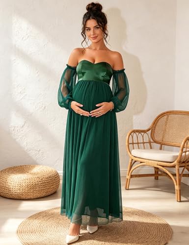 Tulle Maternity Maxi Dress Off Shoulder Baby Shower Dress - color: Darkgreen, size: Medium