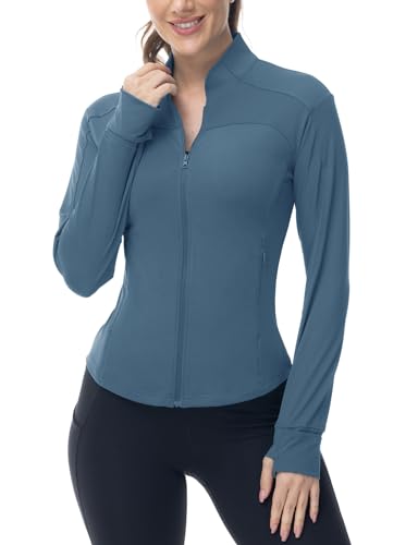 Gopune Women's Workout Athletic Jacket Lightweight Zip Up Yoga Slim Fit Tops with Pockets - color: Grey Blue, size: X-Large