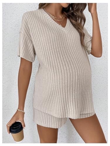 MakeMeChic Women's Maternity 2 Piece Sets Ribbed Shirt and Biker Shorts - color: Apricot, size: Medium