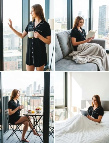 Pjmlifecoco Women's Button Down Nightgown Short Sleeve Sleep Shirt - color: Black, size: X-Large