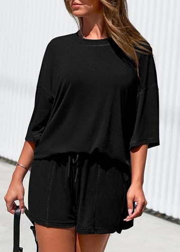 KIRUNDO 2 Piece Sets for Women Summer Lounge Sets Casual - color: Black, size: Large