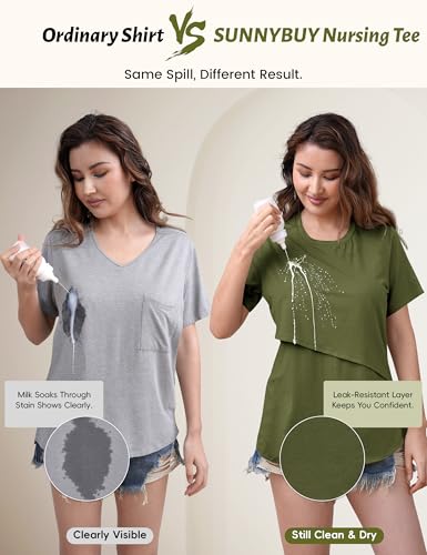 SUNNYBUY Women's Nursing Tops 3 Pack, Breastfeeding Shirts Maternity Tee - color: Black/Charcoal Gray/Olive, size: Medium