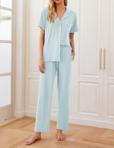 Ekouaer Womens Pajamas Set Short Sleeve Button Down Top & Pants Lounge Pjs - color: Ice Blue, size: Small