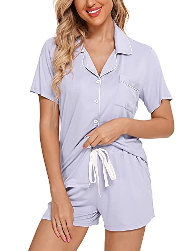 Senert Womens Pajamas Set Short Sleeve Sleepwear - color: A. Light Purple, size: X-Large