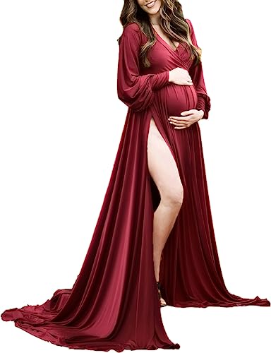 Long Sleeve Maternity Dress for Photoshoot Plus Size - color: Burgudy, size: X-Large