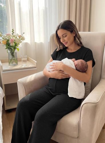 BLENCOT Maternity Sets Summer Ribbed Knit Pajamas Outfits - color: Black, size: Medium
