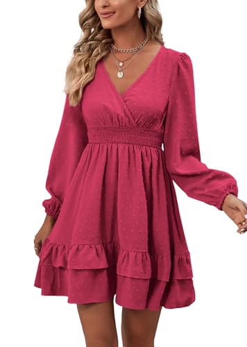 Rooscier Women's Wrap V Neck Swing Ruffle Swiss Dots Long Sleeve Mini Dress - color: Rose, size: X-Small