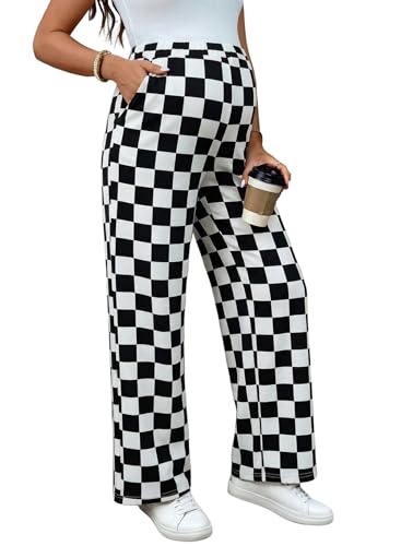 BLENCOT Womens Casual Checkered Pants for Maternity Elastic Waist Wide Leg Pants Grid Pregnant Trousers with Pockets - color: Black White, size: Small