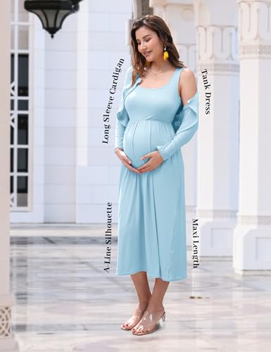 2 PCS Maternity Dress with Cardigan Set, Tank Maxi Pregnancy Dresses - color: Dusty Blue, size: Large