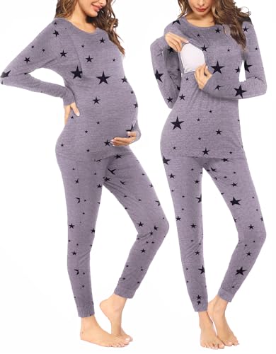 Ekouaer Nursing Pajamas Set Long Sleeve Maternity Clothes Thermal Underwear - color: Grey Star, size: X-Large