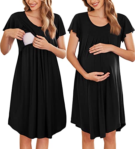 Nursing Nightgown Labor and Delivery Gow Breastfeeding Maternity Dress - color: Black, size: X-Large