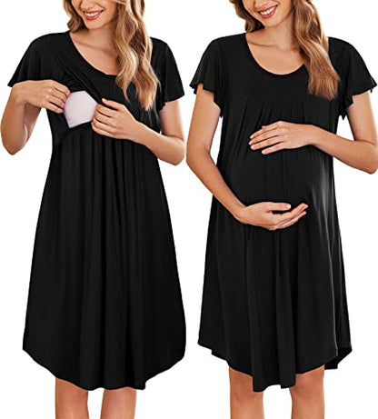 Nursing Nightgown Labor and Delivery Gow Breastfeeding Maternity Dress - color: Black, size: Medium