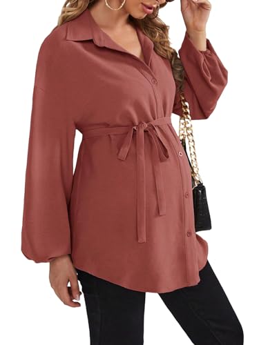 MakeMeChic Women's Maternity Blouse Long Sleeve Belted Button Down Tops - color: Redwood, size: Small