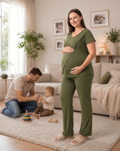 Rnxrbb 3 PCS Women Nursing Pajamas Set Postpartum Maternity Pj with Pockets - color: Army Green, size: Small