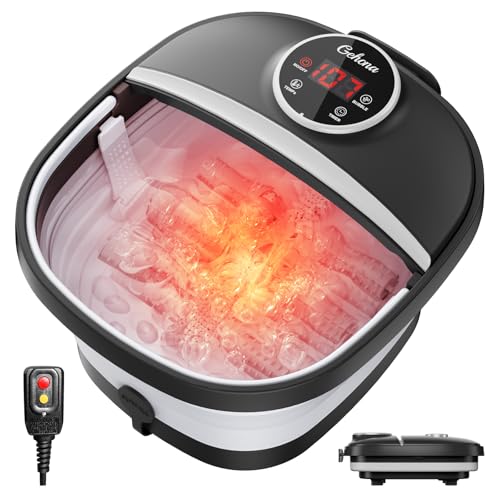 GEHONA Collapsible Foot Spa Bath with Heat, Foot Massager with Two Side Supports, Leakage Protector, Temperature Control, Bubbles, Red Light, Timer, Feet Soaker, Gifts (Deep Black) - color: Deep Black