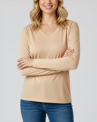 4 Pack Women's Long Sleeve Cotton V Neck Tshirts Basic Tees Tops Undershirt - color: Set 3, size: Small